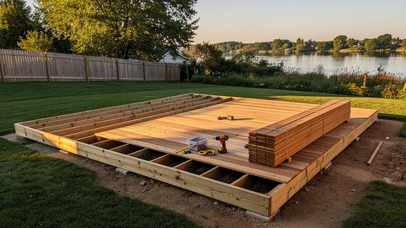 New deck under construction in a residential backyard in Topeka, KS